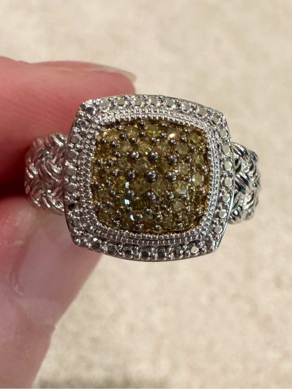 Genuine diamond accent canary yellow 925 JS sterling silver rope braided ring 8